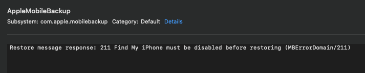 Restore failure, error 211: Find My iPhone must be disabled